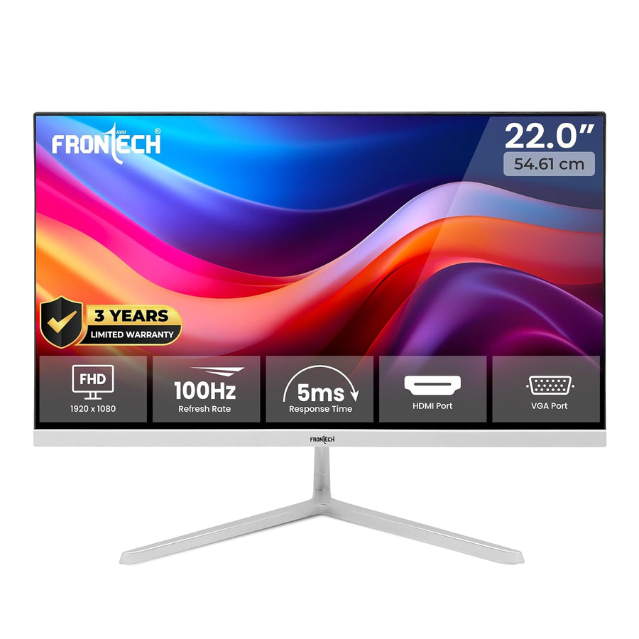 FRONTECH 22 Inch (54.48 cm) with 1920x1080 Pixels LED Monitor, Refresh Rate 100 Hz, Slim, Stylish Design & Wall Mountable, 16.7M Colors, HDMI & VGA Ports (White, MON-0091)
