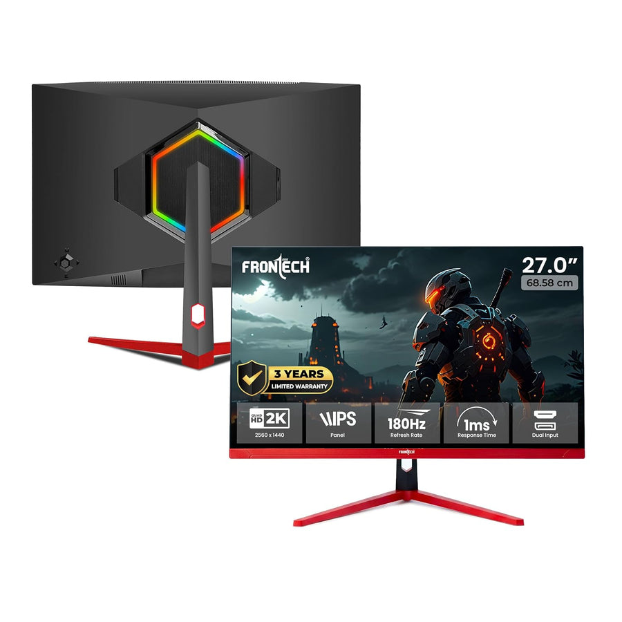 FRONTECH 27-Inch QHD 2K Gaming Monitor (2560×1440), 180Hz Refresh Rate, IPS Panel, HDMI & DP Dual Input, RGB Backlight, Eye Care, Wall Mount, 3-Year Warranty (MON-0085P)